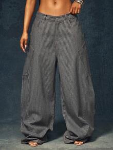 Denimoi Slant Pocket Baggy Fit Stripe Pattern Boyfriend Jeans Baggy Jeans Fashionable Streetwear - Black and White - View 6