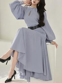 新款春夏休闲优雅通勤、日常约会、生日派对、办公室穿着，简约现代都市知性风格，圆领，开襟，泡泡袖，长袖，宽松亮片裙摆，长款连衣裙，深蓝白条纹编织女士长裙 - 藍白色 - 查看 6