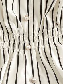 Franclia 女士优雅通勤条纹印花珍珠纽扣短袖休闲衬衫，荷叶边下摆，衬衫领短袖衬衫，收腰修身衬衫，短款衬衫，春夏新款时尚必备单品 - 彩色 - 查看 5