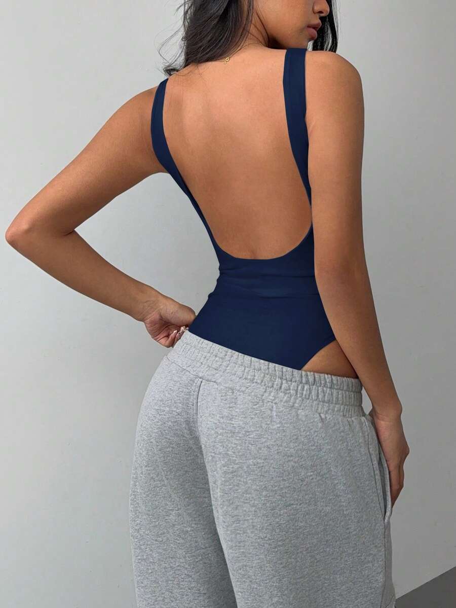 SHEIN BASICS Women's Casual Solid Color Backless Bodysuit Summer Clothes