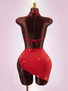 Zestiva Women's 2 Pieces Rhinestone Embellished Halter Neck Cutout One-Piece Swimsuit With Tie-Up Skirt, Summer,Carnival Women Look 2026,Valentine's Day Outfit,Beach Outfit,Party,Red,Sparkly Dress - Red - View 2