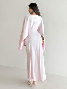 Aloruh 女士优雅派对/情人节蝙蝠袖船领粉色缎面连衣裙 - 粉色 - 查看 3