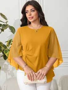 Reflora Plus Size Summer Elegant Commuter Solid Color Pleated Asymmetric Hem Blouse Fall - Yellow - View 6