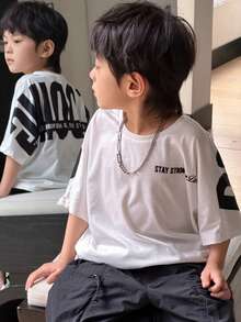 Young Boy Casual Korean Style Loose Fit Street Big Letter Graphic Round Neck Short Sleeve T-Shirt, Suitable For Commuting, School, Daily Casual Wear, Sports, Spring/Summer - White - View 6