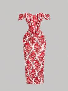 SHEIN MOD 女士蓝白印花露肩修身连衣裙 - 紅色 - 查看 1