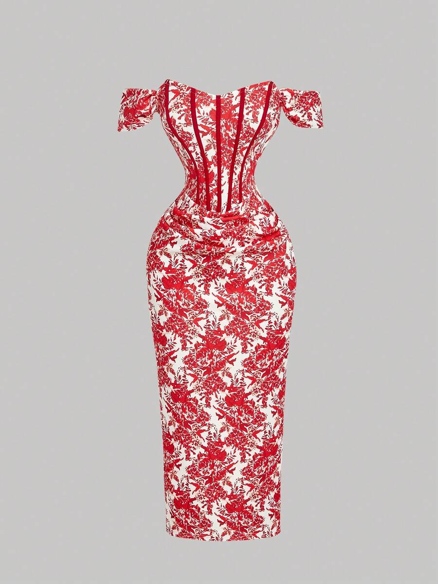 SHEIN MOD 女士蓝白印花露肩修身连衣裙 - 紅色 - 查看 1