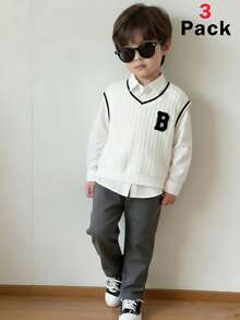 3件套男童可爱白色上衣和松紧腰裤套装，适合生日派对、晚宴、演出、婚礼、庆典等场合。 - 白色 - 查看 7