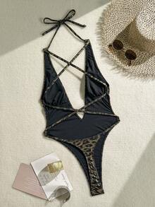 Swim SXY-D Women's Leopard Print Deep V Neck One-Piece Swimsuit, Spring/Summer - Black - View 4