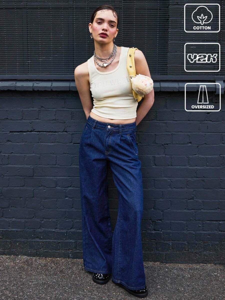 COUREZ Super Oversized Fold Pleated Front Detail Jeans/Summer Bottoms Y2K Streetwear Vintage Cotton - Navy Blue - View 1