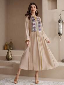 Al Najma Nuevo vestido versátil de uso diario, casual y holgado con bordado floral vintage - Camel - Ver 7