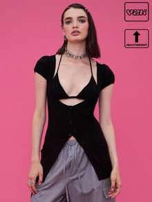 COUREZ 2 Pieces Open Front Button Up Short Sleece Knit Cardigan With Bra Underlayer,Black,Summer,Street Wear Y2k,Night Out Women Date Outfits Cute Clothes - Multicolor - View 1