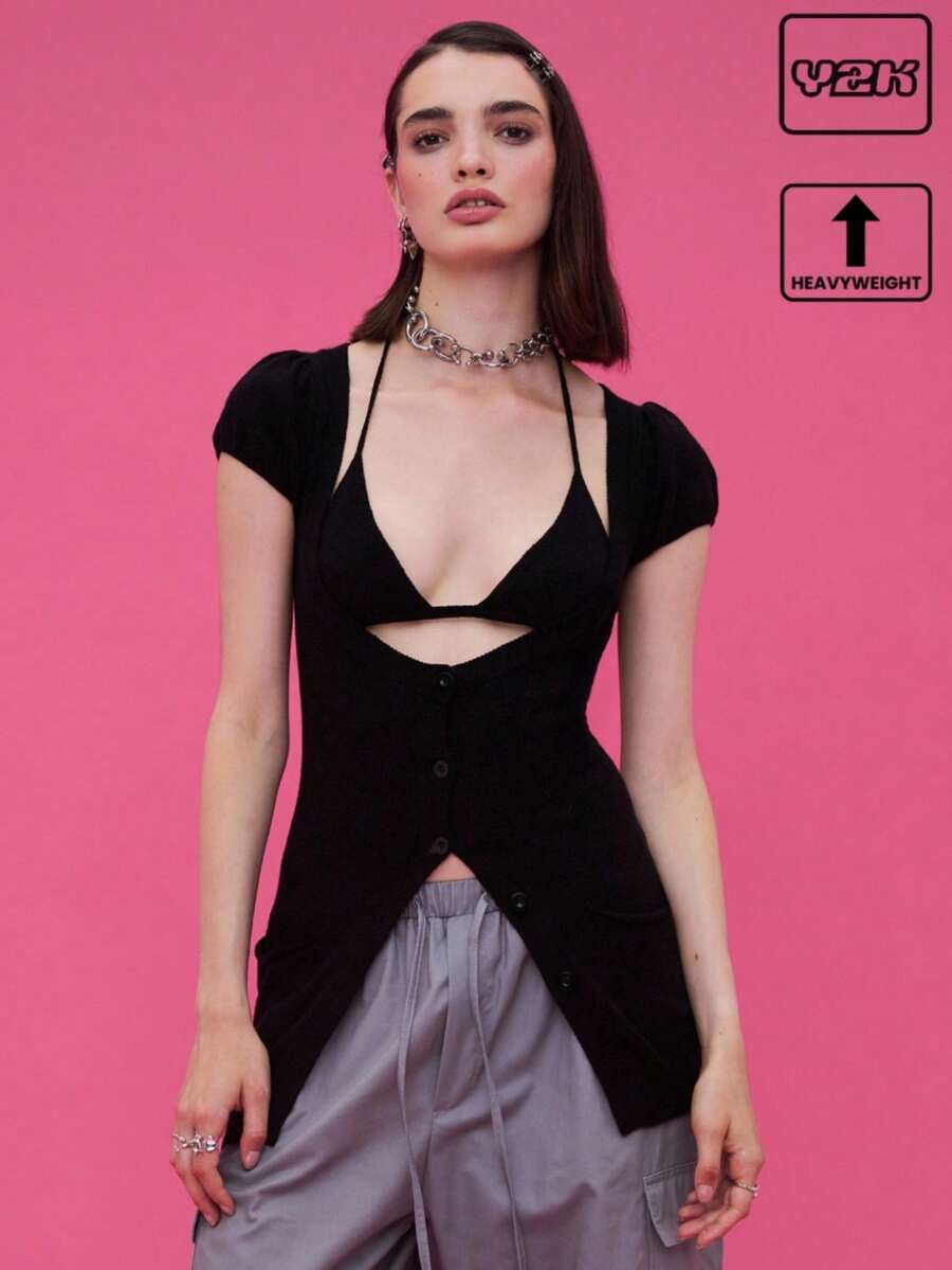 COUREZ 2 Pieces Open Front Button Up Short Sleece Knit Cardigan With Bra Underlayer,Black,Summer,Street Wear Y2k,Night Out Women Date Outfits Cute Clothes - Multicolor - View 1