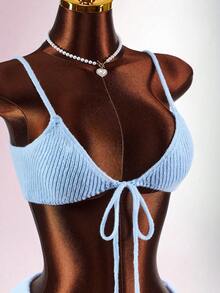 Amplova Set de 2 piezas con top de tirantes finos con nudo delantero y cárdigan de manga corta con minifalda de punto para mujer en verano - Azul - Ver 8