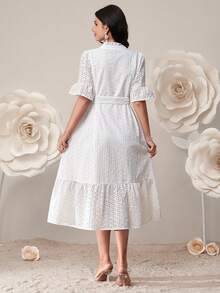 SHEIN White Solid Color Openwork Embroidered Front Button, Waist Tie, A-Line Maternity Dress, Summer Elegant. - White - View 2