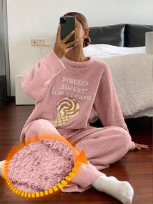 DAZY 2pcs Set Piyama Longgar Rajut Fleece Motif Es Krim untuk Wanita, Musim Gugur/Dingin - Berwarna merah muda - View 3