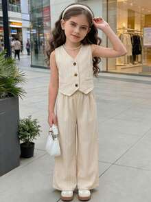 SHEIN Nova Glow 女童休闲春夏纯色无袖上衣和裤子套装