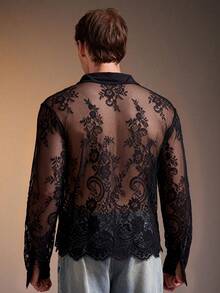 FeverCity 男士透视蕾丝网眼纯色性感长袖衬衫 - 黑色 - 查看 7