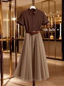 SHEIN Franclia Elegant And Romantic Brown Color-Blocked Mesh Button-Down Shirt Dress For Women; Suitable For Wedding Parties, Elegant Women's Dresses, Carnival Costumes, Valentine's Day Outfits, Summer Holiday Wear, And More.Turkish Abaya, Arab Long Robe Fall Cloth For Women.Fashionable Casual Commuter Wear, Business Office Wear, Versatile And Stylish Everyday Casual Wear, Urban Teacher's Professional Attire - Brown - View 1