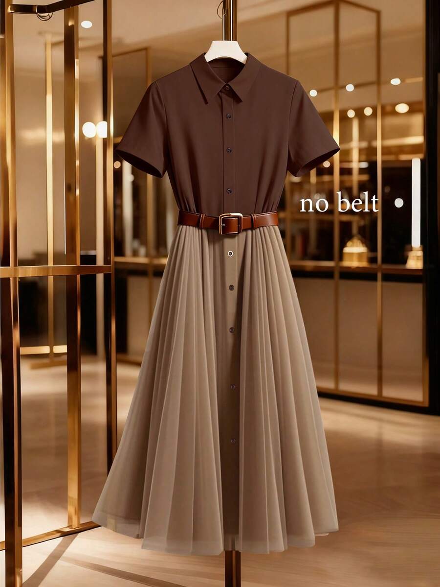 SHEIN Franclia Elegant And Romantic Brown Color-Blocked Mesh Button-Down Shirt Dress For Women; Suitable For Wedding Parties, Elegant Women's Dresses, Carnival Costumes, Valentine's Day Outfits, Summer Holiday Wear, And More.Turkish Abaya, Arab Long Robe Fall Cloth For Women.Fashionable Casual Commuter Wear, Business Office Wear, Versatile And Stylish Everyday Casual Wear, Urban Teacher's Professional Attire - Brown - View 1