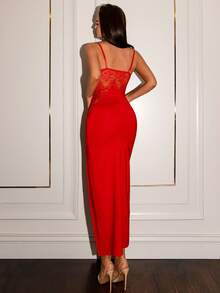 Allurite Vestido Longo Elegante e Sexy Feminino com Painel de Renda Transparente, Fenda Alta e Alças - Vermelho - Visão 5