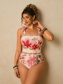 Travachic Plus Size Women Floral Print One-Piece Swimsuit Spring Outfit Women Summer Holiday Outfits Beach Outfit For Women Vacation Outfits  Island Wedding Outfit - Multicolor - View 7