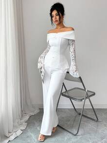 Modelyn 2 pièces/Set Ensemble épaules dénudées à volants et patchwork pour femmes