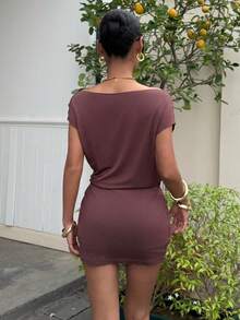 Muchica Women's Spring/Summer Y2K Basic Casual Brown Knitted Asymmetrical Batwing Sleeve Beltless Mini Dress - Brown - View 2