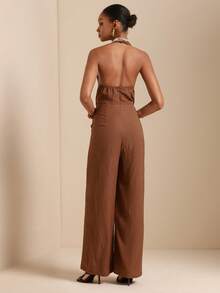 Lyxana Women's Halter Neck Metal Decor Long Jumpsuit - Mocha Brown - View 2