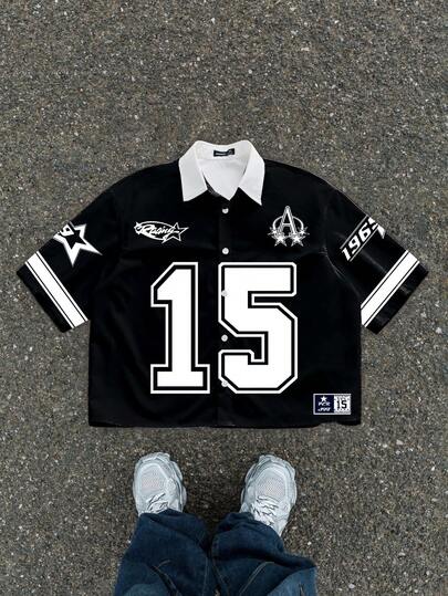 Manfinity ZONE917 Plus size herrskjorta i svart och vit kontrasterande nr 15 med grafiskt tryck, herrsportskjorta, kortärmad skjorta med tryck