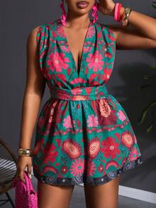 Veslaya 2026 早春新款加大码女装音乐节、复活节、西部风、游牧风、生日派对、度假、邮轮旅行印花无袖深V露背交叉连体裤 - 彩色 - 查看 9