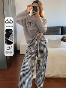 DAZY 字母印花宽松T恤上衣和格子睡裤女士睡衣套装 - 灰色 - 查看 1