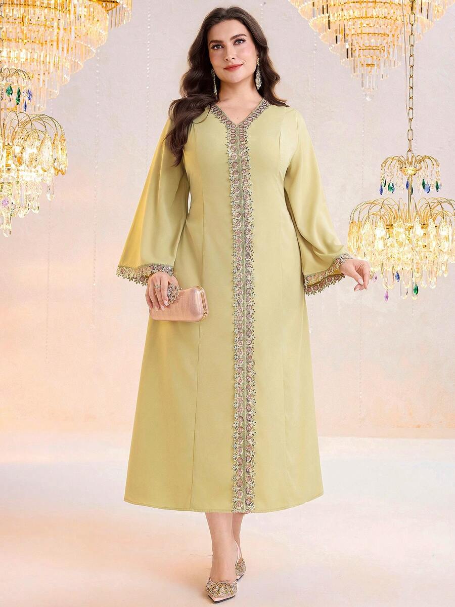 Al Najma Plus Size Women Elegant Party Ribbon Decor Arabic Style Dress - Lime Green - View 1