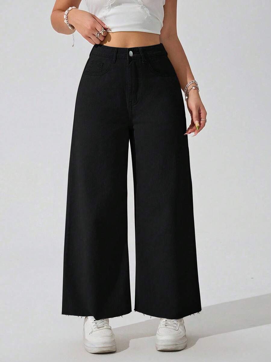 SHEIN ICON Jeans rectos de talle elástico negro con dobladillo deshilachado para mujer de talla grande - Negro - Ver 1