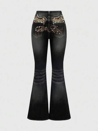 J-Fashion Jeans évasés taille basse style vintage avec imprimé léopard et graphique aile pour femmes