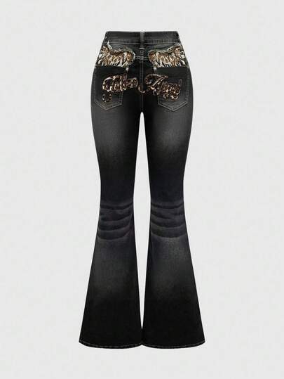 J-Fashion Jeans évasés taille basse style vintage avec imprimé léopard et graphique aile pour femmes