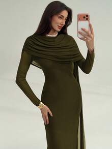 Aloruh Women's Elegant Ruffle Tie Long Dress, Autumn - Army Green - View 3