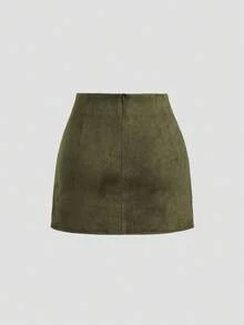 SHEIN PETITE 秋冬季蜜瓜色麂皮褶裥A字迷你裙，娇小女款 - 綠色 - 查看 2