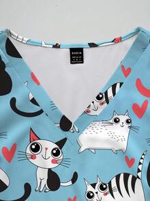 PopScrub 加大码夏季制服上衣，可爱线条猫咪和黑猫卡通印花休闲护士服上衣（女款） - 彩色 - 查看 6