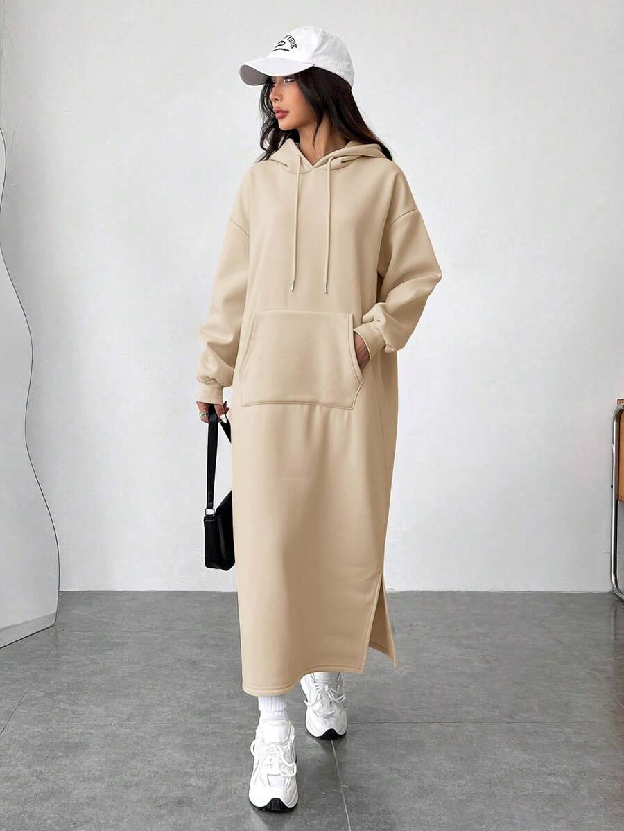 SHEIN EZwear Áo nỉ dài tay có mũ, xẻ tà bên hông, chất liệu kaki, kiểu dáng thường ngày, thích hợp cho mùa thu. - Màu Khaki - Xem 1