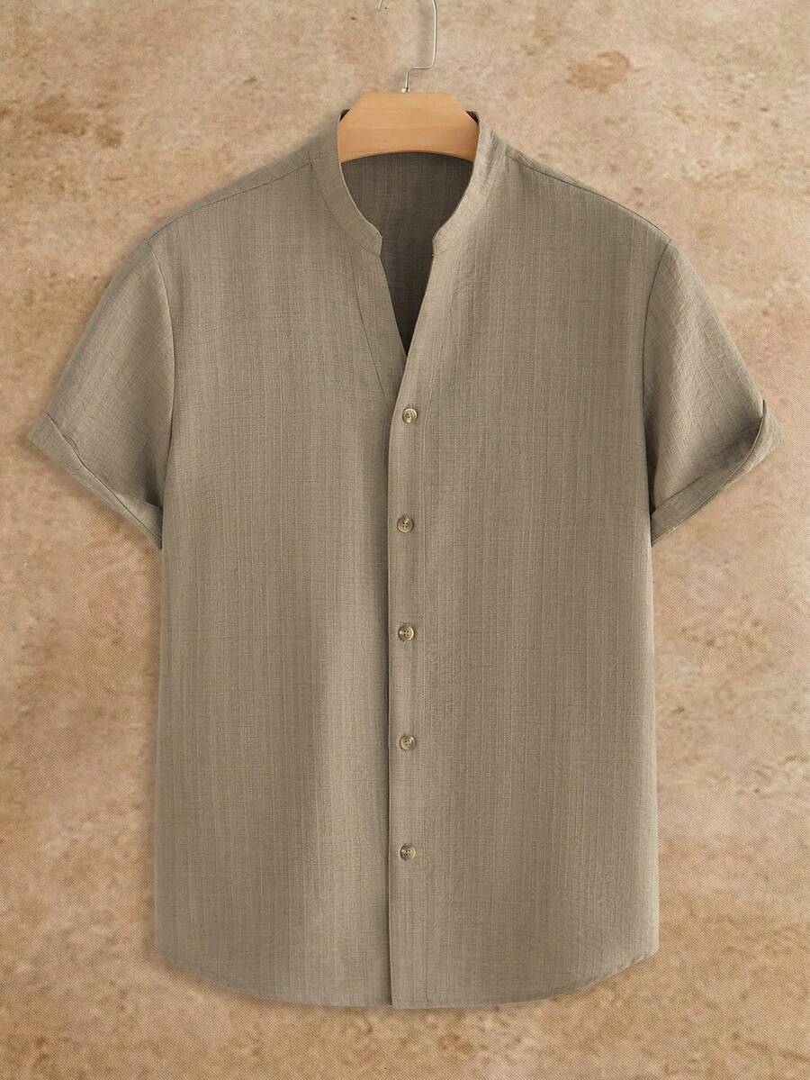 HIMLAND Áo sơ mi nam tay ngắn, màu trơn, kiểu dáng thường ngày, cài cúc.