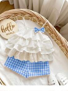 Babygirl Summer Cute Vacation Ruffle Camisole Top And Plaid Shorts Set - Blue - View 1