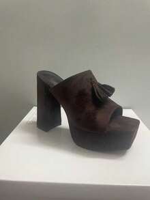 Sugerpunk Fringe Super High Heel Waterproof Platform Peep Toe Slip-On Sandals Valentine's Day - Coffee Brown - View 13