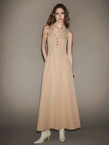 Lumivelle Women's Elegant Fashion Turndown Collar Metal Asymmetric Buckle Decor Work Commute Long Dress Khaki Dress - Khaki - View 6