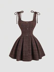 Sweetra Brown Floral Print Dress, Women's Winter Party Dress, New Year Outfit, Thanksgiving Dress, Elegant Party Dress, Spring/Autumn/Winter, Suitable For Party, Commute, Daily, Travel, Vacation, Tie Bow, A-Line, Pleated Dress, Square Neck, Sleeveless, Women Short Dress