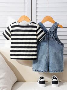 SHEIN 2pcs/Set Unisex Baby Clothes, Baby Boy Casual Cute Bear & Black White Striped T-Shirt And Blue Denim Bib Pants Set, Summer & Spring