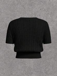 SHEIN EZwear 大码女式可爱小熊图案针织短袖修身套头衫，暖黄色，适合初秋穿着 - 黑色 - 查看 8