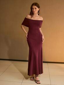 MOTF PREMIUM VESTIDO LARGO DE PUNTO AJUSTADO CON HOMBROS DESCUBIERTOS Y BAJO DE SIRENA ELÁSTICO PARA MUJER - Burdeos - Ver 3