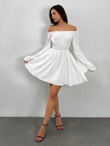 SHEIN Tall 女士纯色简约露肩迷你连衣裙，休闲日常穿着 - 白色 - 查看 8