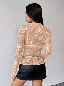 EgrlEra Tall Women's Lace Sheer Sexy Crop Top - Apricot - View 2