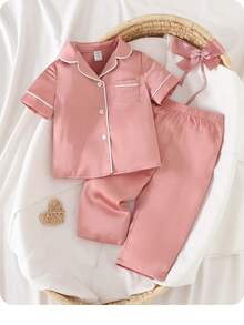 两件套可爱女婴休闲简约短袖衬衫和长裤套装，翻领设计，法式优雅淑女风，返校季，时尚街头风，母女亲子装 - 粉色 - 查看 7